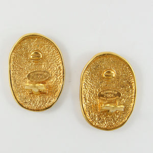 Vintage Signed Chanel CC Gold Oval Earrings With Crown Design c. 1980s (Clip-on)