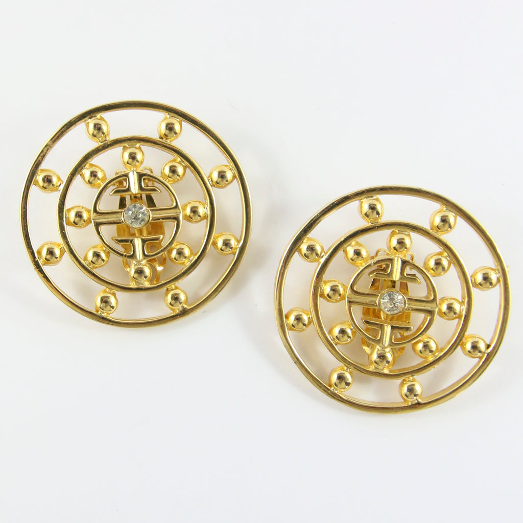Vintage Signed 'Givenchy' Gold Tone Large Round Earrings With Small Crystal in Centre (Clip-On) c.1980s