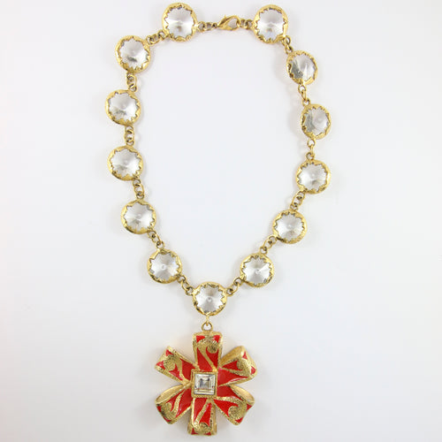 Vintage Signed 'Christian Lacroix' Gold Plated Red Enamel Necklace & Glass Stones