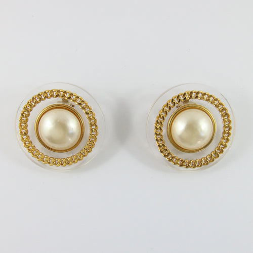Signed Chanel Vintage Gold/Clear Tone & Faux Pearl Round Earrings c. 1970 (Clip-on)