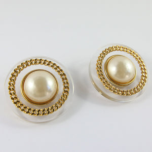 Signed Chanel Vintage Gold/Clear Tone & Faux Pearl Round Earrings c. 1970 (Clip-on)