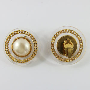 Signed Chanel Vintage Gold/Clear Tone & Faux Pearl Round Earrings c. 1970 (Clip-on)