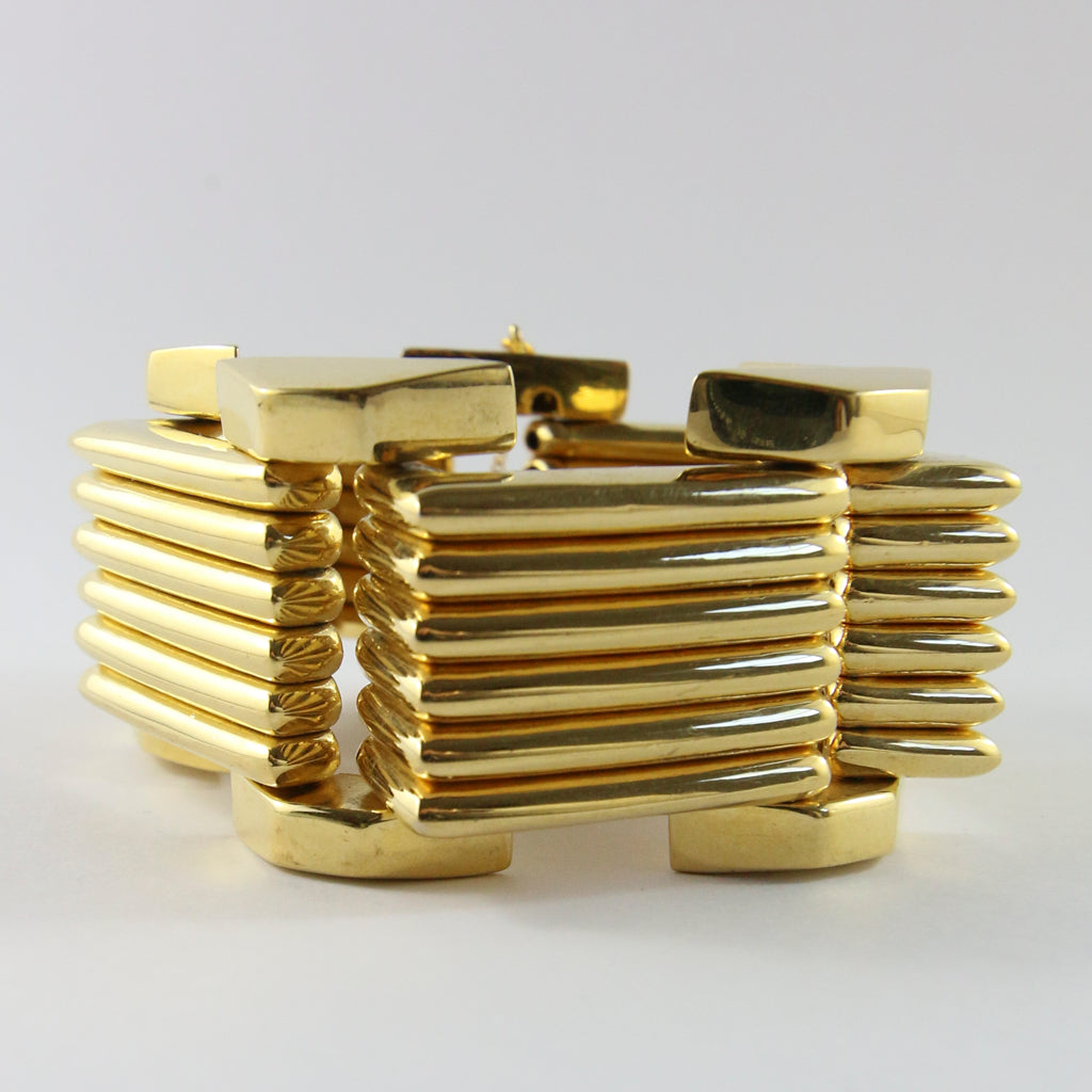 Vintage Statement Heavy Gold Plated Cube Striated Links Bracelet