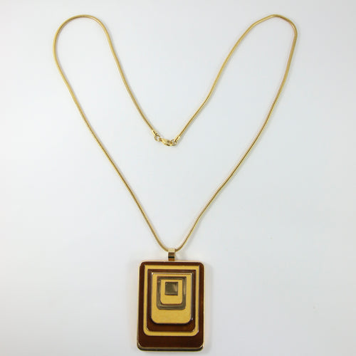 Lanvin Vintage Brown & Caramel Enamel Disco Pendant Long Necklace