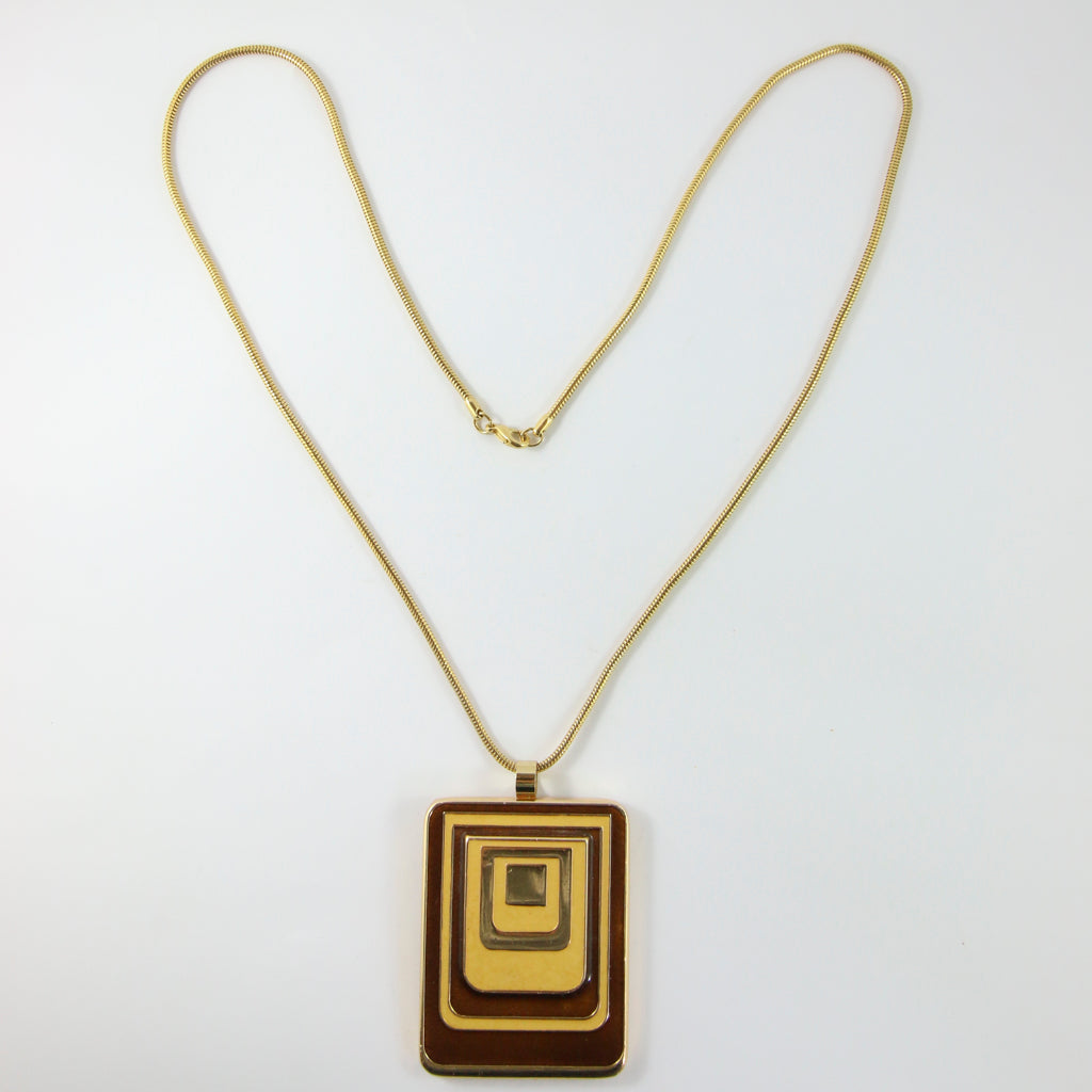 Lanvin Vintage Brown & Caramel Enamel Disco Pendant Long Necklace