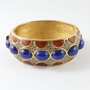 Ciner NY Chunky Gold Plated, Tort Enamel, Lapis Cabochon & Clear Crystal Bangle