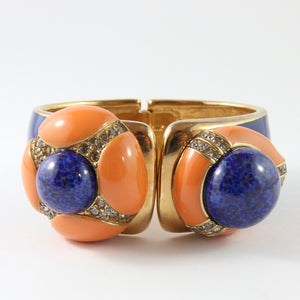 Ciner NY Chunky Gold Plated, Royal Blue Enamel, Royal Blue & Coral Cabochon & Clear Crystal Cuff