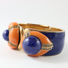 Load image into Gallery viewer, Ciner NY Chunky Gold Plated, Royal Blue Enamel, Royal Blue &amp; Coral Cabochon &amp; Clear Crystal Cuff