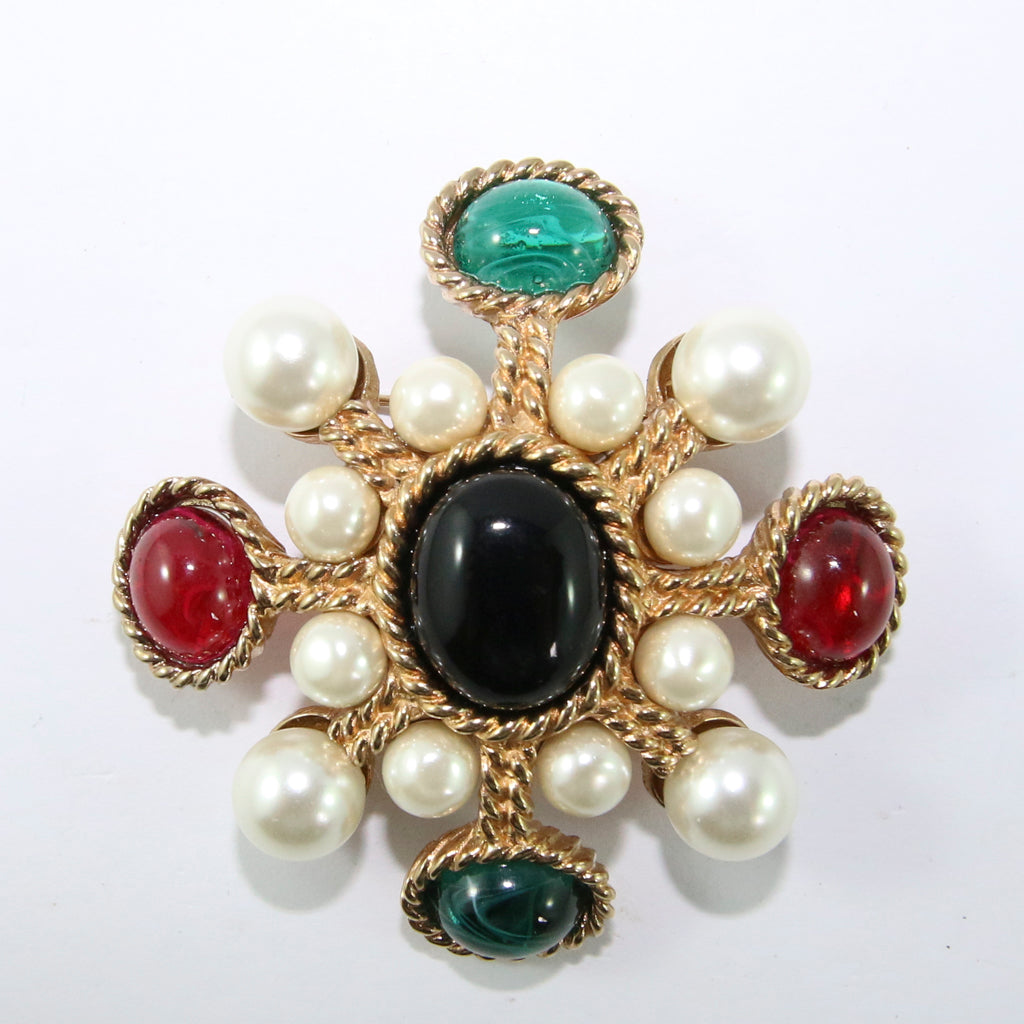 Ciner NY Pearl, Black, Green & Red Star Brooch