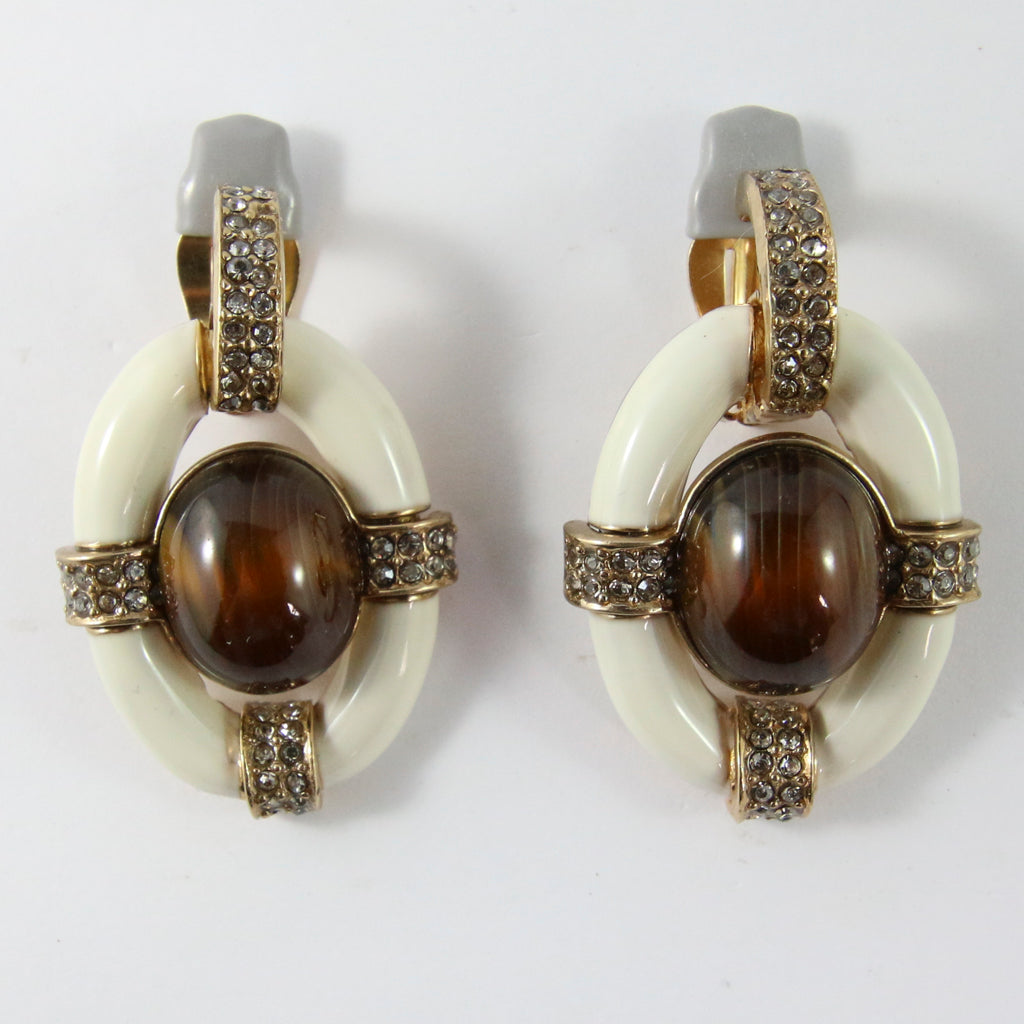 Ciner NY Ivory Enamel, Torq Cabochon & Clear Crystal Earrings (Clip-On)