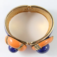 Load image into Gallery viewer, Ciner NY Chunky Gold Plated, Royal Blue Enamel, Royal Blue &amp; Coral Cabochon &amp; Clear Crystal Cuff