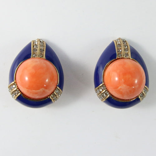 Ciner NY Orange and Blue Encrusted Tear Drop Earrings (Clip-On)