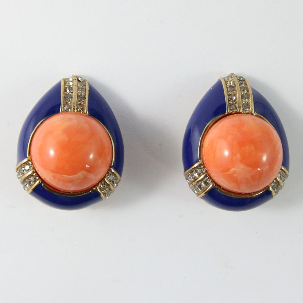 Ciner NY Orange and Blue Encrusted Tear Drop Earrings (Clip-On)
