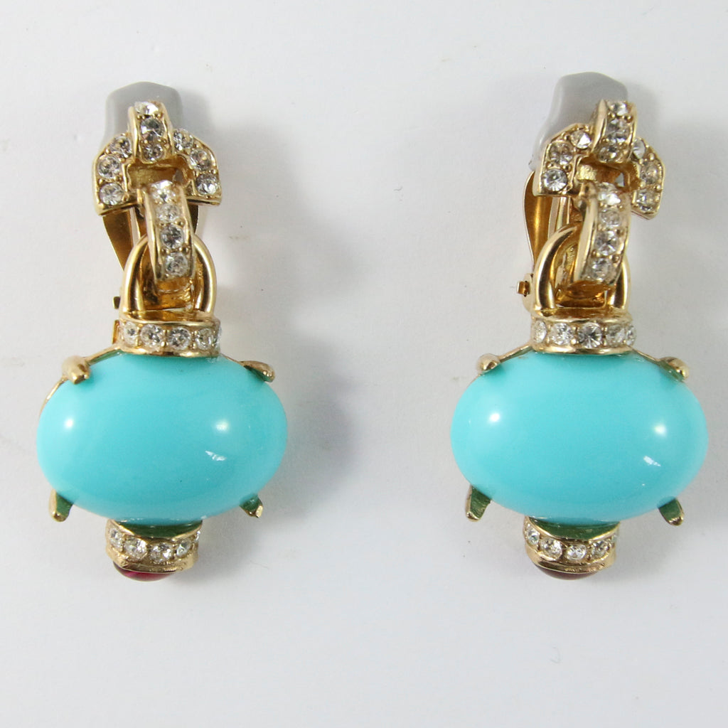 Ciner NY Turquoise & Ruby Cabochon Clear Crystal Earrings (Clip-On)
