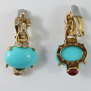 Ciner NY Turquoise & Ruby Cabochon Clear Crystal Earrings (Clip-On)