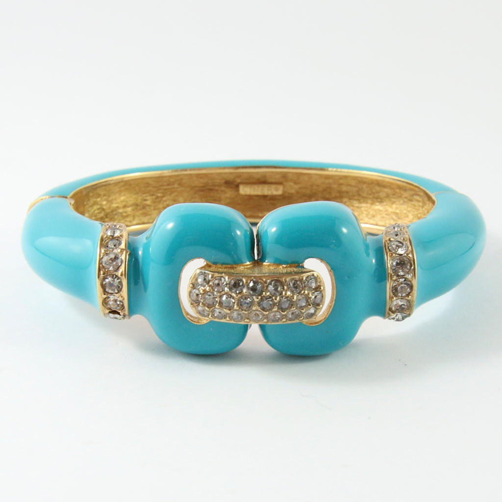 Ciner NY Turquoise Enamel, Clear Crystal & Gold Plated Cuff Bangle