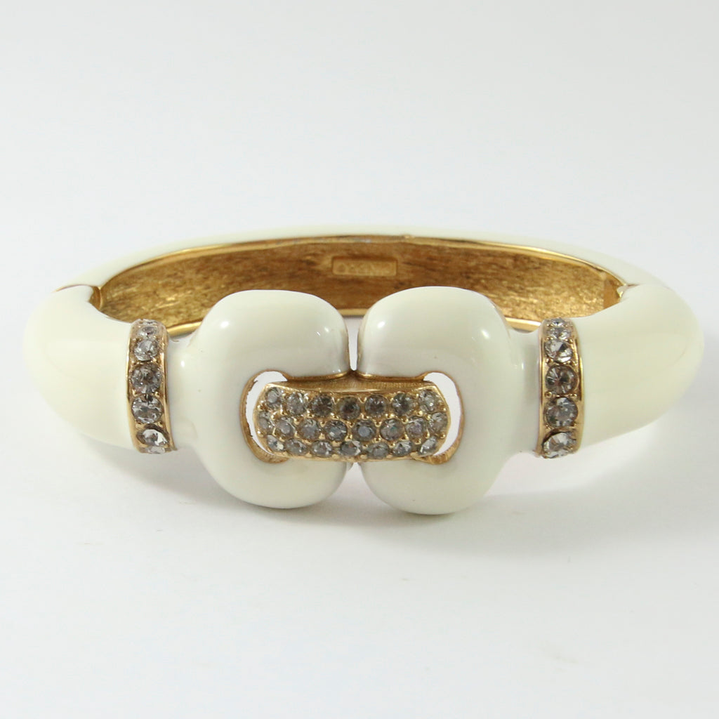 Ciner NY Creme Enamel, Clear Crystal & Gold Plated Cuff Bangle