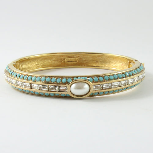 Ciner NY Turquoise , White Pearl , Gold & Crystal Bangle with Clasp