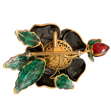 Load image into Gallery viewer, Vintage Unsigned Pate-de-verre (Hand Poured Glass) Black Rose On Branch Brooch
