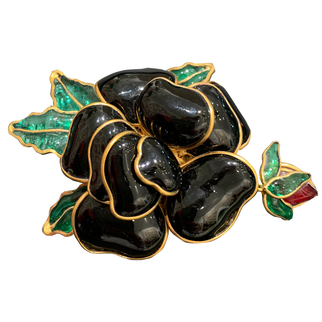 Vintage Unsigned Pate-de-verre (Hand Poured Glass) Black Rose On Branch Brooch