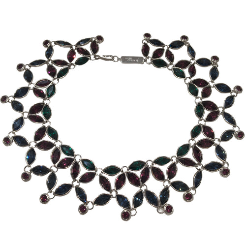 Limited Edition 098-500 Yves Saint Laurent Vintage Silver Tone, Emerald, Amethyst & Indigo Floral Neckpiece