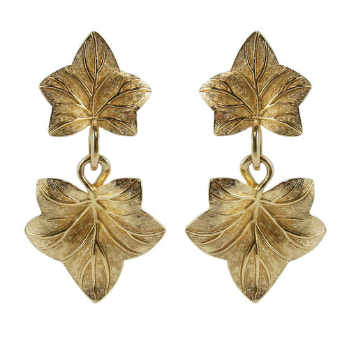 Christian Dior Signed Vintage Gold Tone Leaf Design Drop Earrings c. 1970 - Harlequin Market
