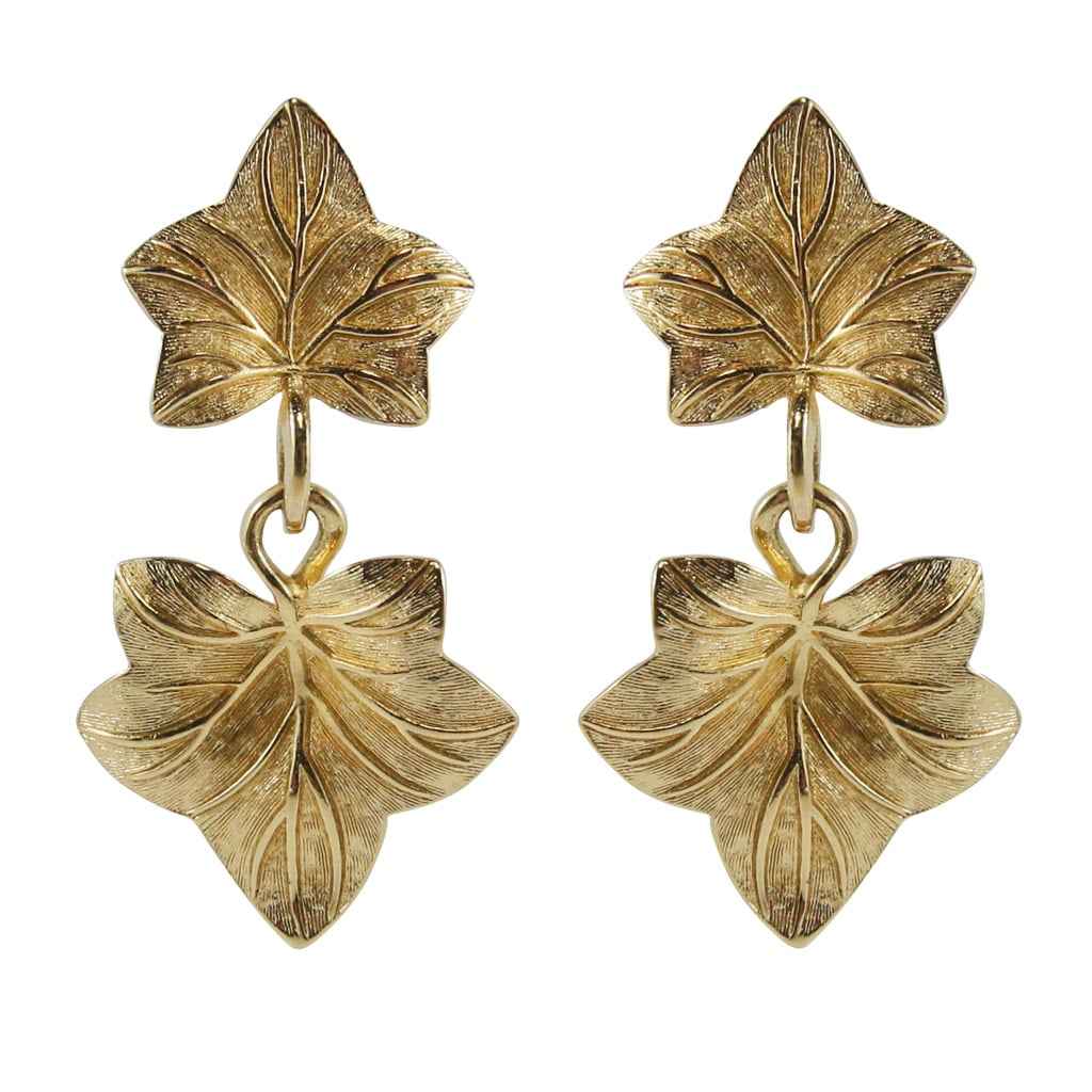 Christian Dior Signed Vintage Gold Tone Leaf Design Drop Earrings c. 1970 - Harlequin Market