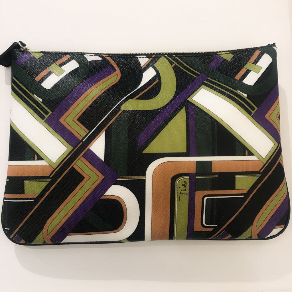 Preowned Pucci Leather Clutch Purse - Greens, Mustard Yellow, Black, Purple, White Multi
