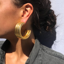 Load image into Gallery viewer, Thick Vintage Three Woven Panel Large Hoop Gold Tone Earrings c.1980s (Pierced)