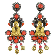 Load image into Gallery viewer, Lawrence VRBA Signed Large Statement Crystal Earrings - Gold Buddha and Faux Coral