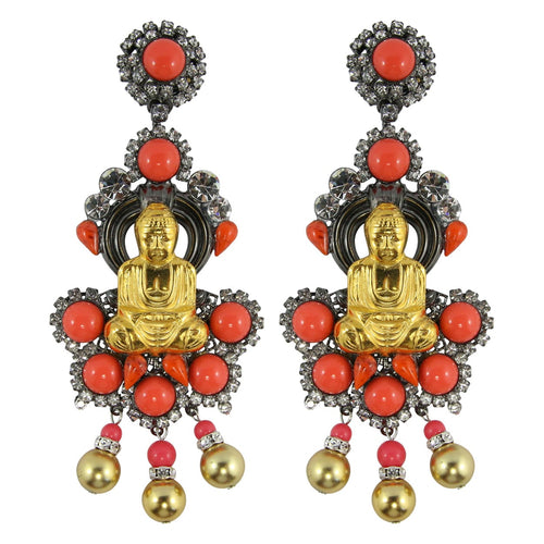 Lawrence VRBA Signed Large Statement Crystal Earrings - Gold Buddha and Faux Coral