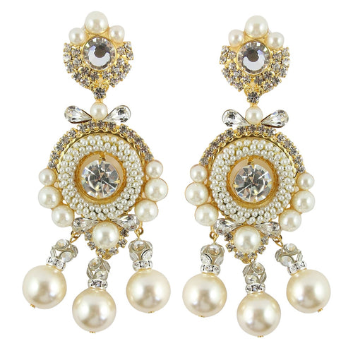 Lawrence VRBA Signed Large Statement Crystal Earrings - Clear Crystal, Faux Pearls with Bow
