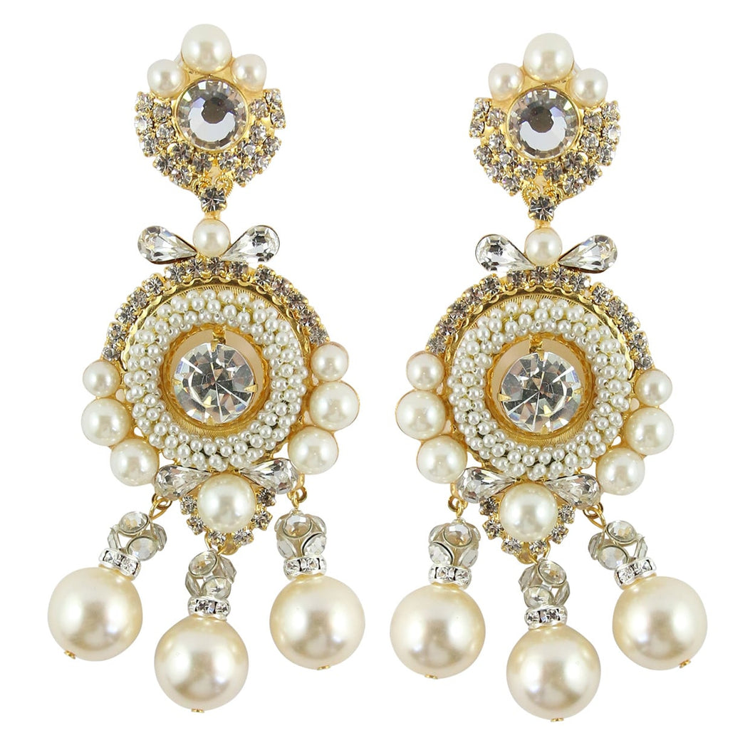 Lawrence VRBA Signed Large Statement Crystal Earrings - Clear Crystal, Faux Pearls with Bow