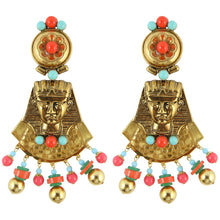 Load image into Gallery viewer, Lawrence VRBA Signed Large Statement Crystal Egyptian Revival Earrings - Gold Plate, Faux Coral &amp; Turquoise