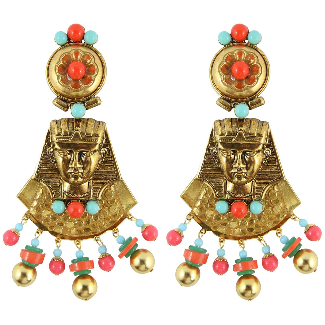 Lawrence VRBA Signed Large Statement Crystal Egyptian Revival Earrings - Gold Plate, Faux Coral & Turquoise