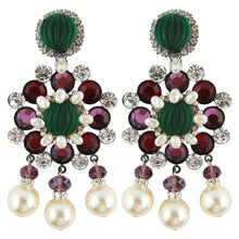 Load image into Gallery viewer, Lawrence VRBA Signed Large Statement Crystal Earrings - Green, Purple, Faux Pearl