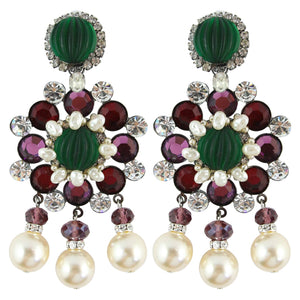 Lawrence VRBA Signed Large Statement Crystal Earrings - Green, Purple, Faux Pearl