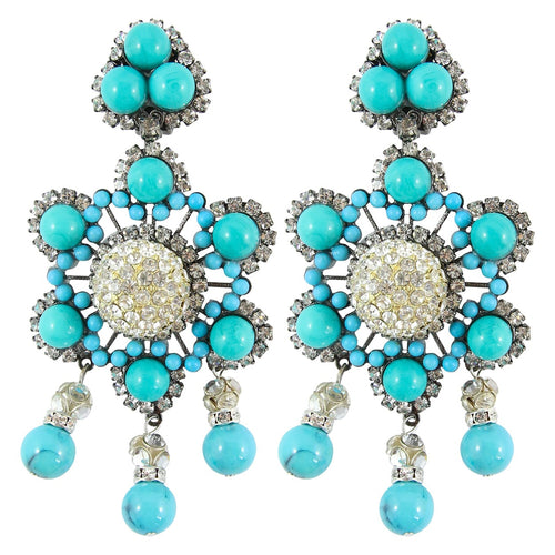 Lawrence VRBA Signed Large Statement Crystal Earrings - Faux Turquoise Blue