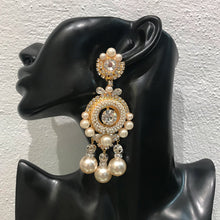 Load image into Gallery viewer, Lawrence VRBA Signed Large Statement Crystal Earrings - Clear Crystal, Faux Pearls with Bow
