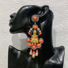 Load image into Gallery viewer, Lawrence VRBA Signed Large Statement Crystal Earrings - Gold Buddha and Faux Coral