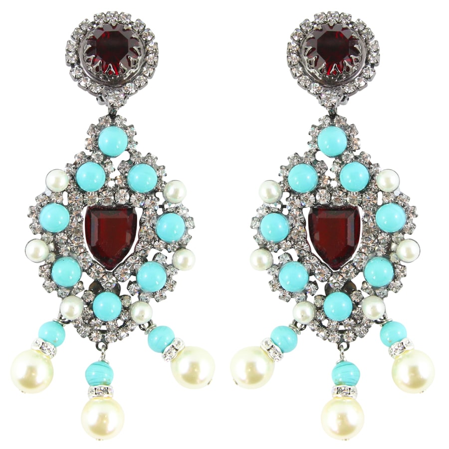 Lawrence VRBA Signed Large Statement Crystal Earrings - Turquoise, Ruby Red, Faux Pearl clip-on)