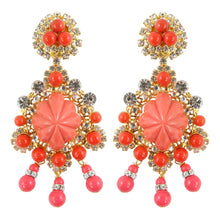 Load image into Gallery viewer, Lawrence VRBA Signed Large Statement Crystal Earrings - Coral &amp; Gold (clip-on)
