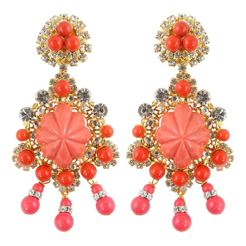 Lawrence VRBA Signed Large Statement Crystal Earrings - Coral & Gold (clip-on)