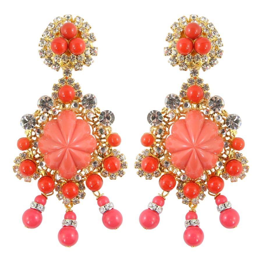 Lawrence VRBA Signed Large Statement Crystal Earrings - Coral & Gold (clip-on)