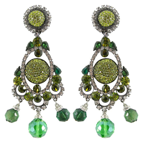 Lawrence VRBA Signed Large Statement Crystal Earrings -Olivine Green (clip-on)