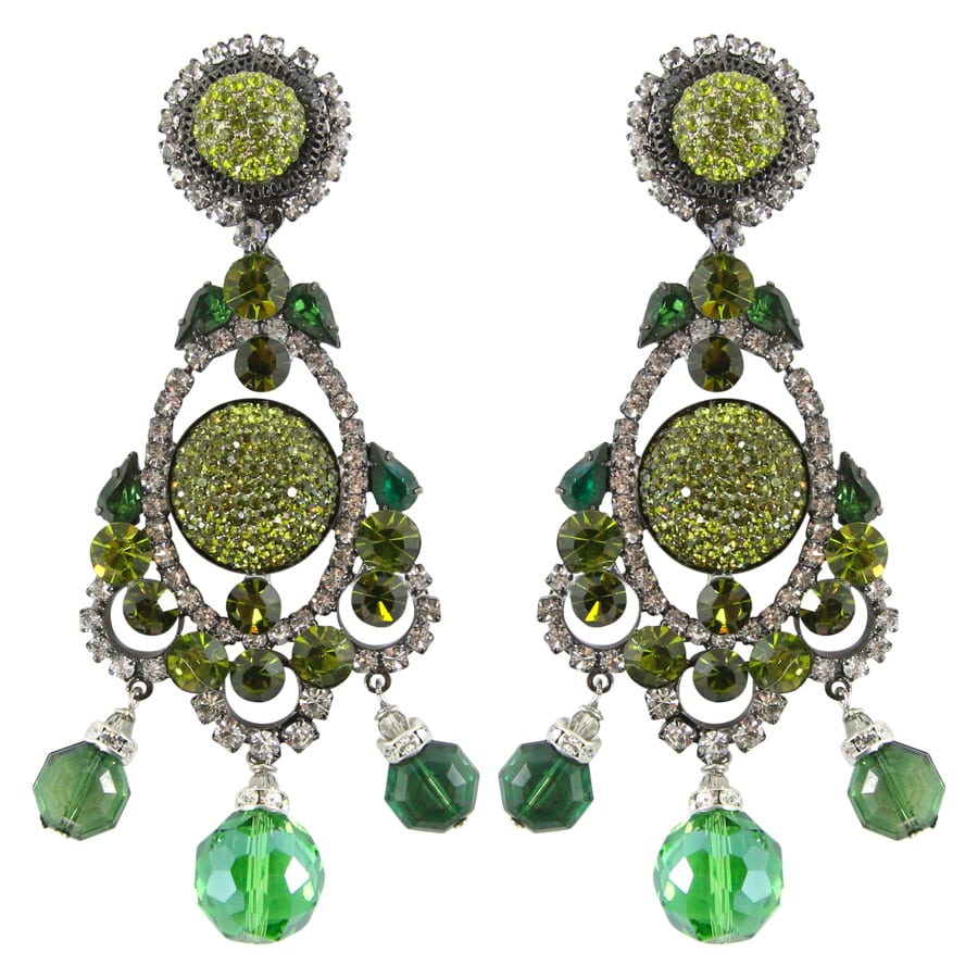 Lawrence VRBA Signed Large Statement Crystal Earrings -Olivine Green (clip-on)