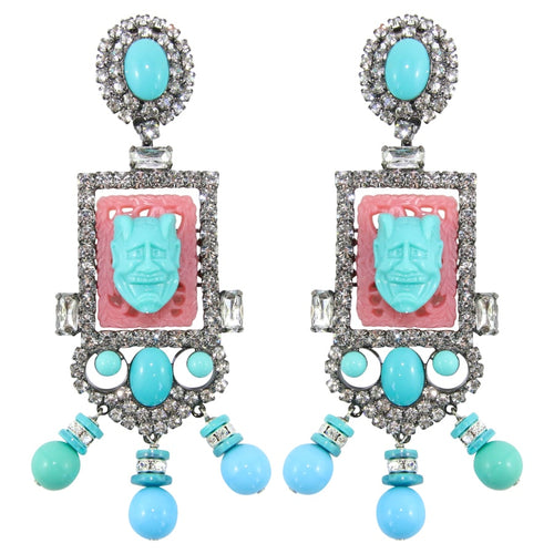 Lawrence VRBA Signed Large Statement Crystal Earrings - Coral & Turquoise (clip-on)