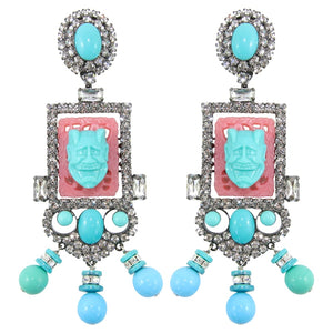 Lawrence VRBA Signed Large Statement Crystal Earrings - Coral & Turquoise (clip-on)