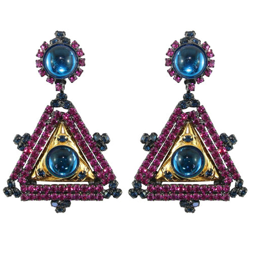 Lawrence VRBA Signed Large Statement Crystal Earrings -Fuchsia Pink, Electric Blue (clip-on)