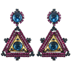 Lawrence VRBA Signed Large Statement Crystal Earrings -Fuchsia Pink, Electric Blue (clip-on)